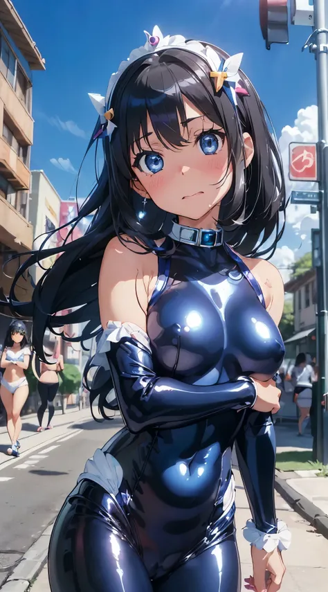 1womanl,Black hair,12year old ,((Impatient expression)),Beautiful breasts,(((Sexy magical girl white and blue shiny bodysuit)))(())(((Blushing cheeks、Surprised look)),(((Satin Narico))),((( portlate))),we have blue eyelashes)))()Street,Crowds(magical girl ...