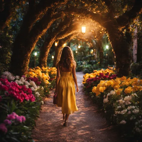 1 girl "Sarah Michelle Gelar with sunglasses and burgundy yellow dress", a view of a path with a path leading to a garden with trees and flowers, Jardim encantado, fantasy gorgeous lighting, paisagem natural noturna, enchanted magical fantasy forest, Wonde...