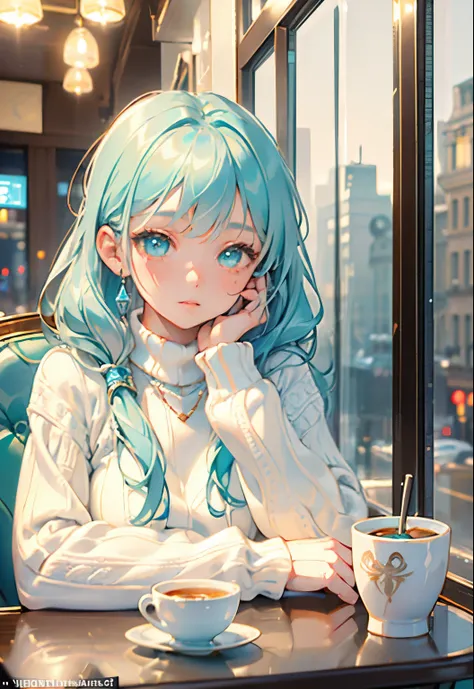 (masterpiece:1.2, best quality), (intricate details, depth of field), (1girl, solo), highly-detailed, perfect face, (skindentation), turquoise hairs, cyan eyes, (A girl sitting in cafe, white sweater), winter night, sitting near windows