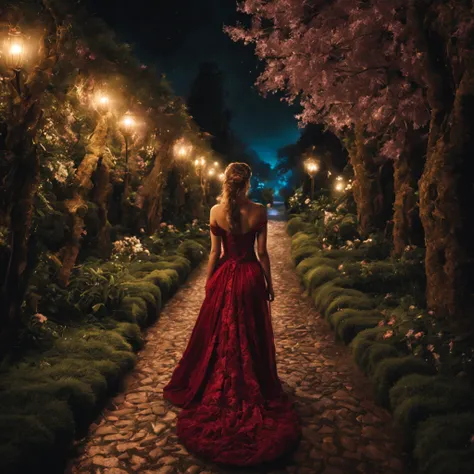 1 girl "Elsa de frozen com vestido vermelho vinho", a view of a path with a path leading to a garden with trees and flowers, Jardim encantado, fantasy gorgeous lighting, paisagem natural noturna, enchanted magical fantasy forest, Wonderland at night, very ...