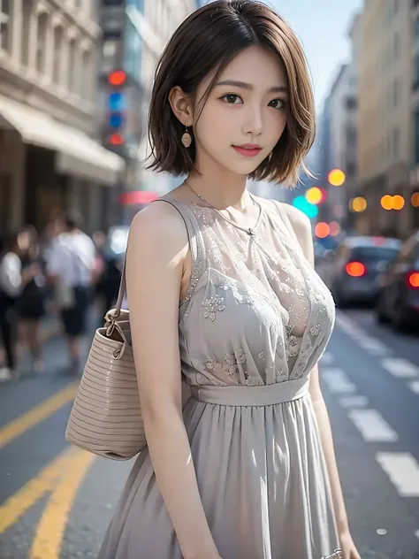 Woman posing on street corner wearing sheer lace dress, top quality, girl one, big breasts, sun, bright, blurred background, bokeh, outdoor, (street: 0.8), (people, crowd: 1), (cropped with lace) dress: 1.5, sleeveless dress, full body, light grey color cl...