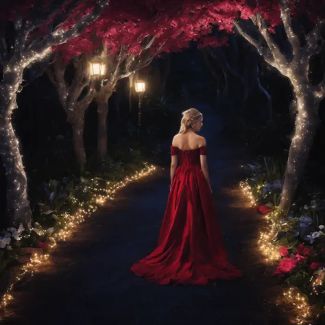 1 girl "Elsa de frozen com vestido vermelho vinho", a view of a path with a path leading to a garden with trees and flowers, Jardim encantado, fantasy gorgeous lighting, paisagem natural noturna, enchanted magical fantasy forest, Wonderland at night, very ...