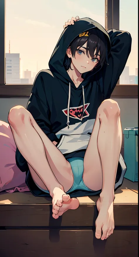 Cute teenage boy, he is wearing a hoodie and panties, he is barefoot