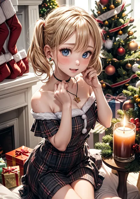 absurderes, ultra-detailliert,bright colour, Short hair,(Blonde hair with fluffy short twintails:1.2)Shiny hair,(embarassed face:1.3),(Christmas tree:1.3),(Christmas Decorations:1.3),Delicate beautiful face, red blush、(Deep Blue Eyes:1.3), White skin, hair...