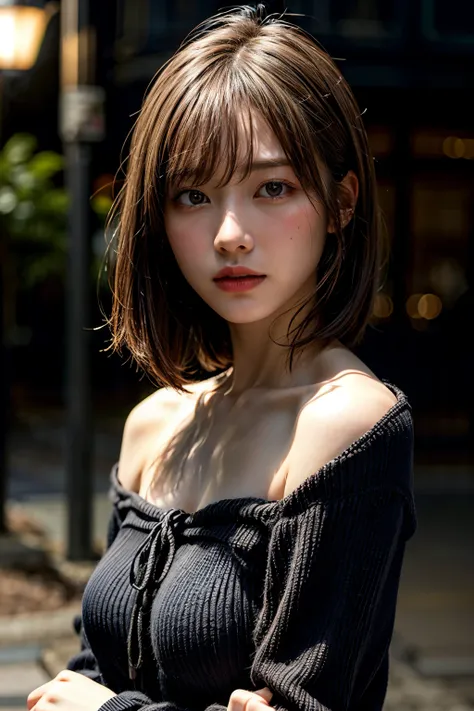 best quality, masutepiece, 超a high resolution, (photorealistic:1.4), raw photo, 1girl in, off shoulders, in the dark, deepshadow...