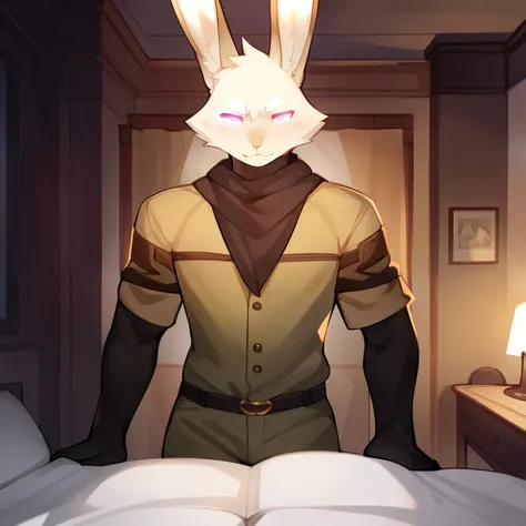 Alone, male people, Upper part of the body，khaki fur, edgBunny, Bunny orcs,, 黑The eye, glowing light eyes, ,  male people, Slim, Weak, edgBunny, edgBunny , by bebebebebe, author：peak, by dark gems, author：Mystic Fox 61, author：Chunni,, stood on the bed，He ...