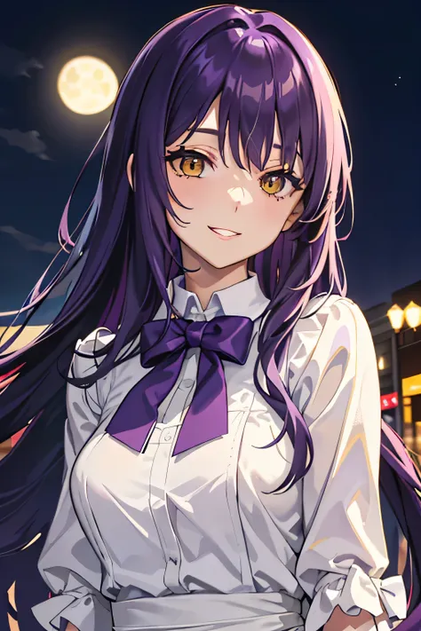 masterpiece, best quality, long hair, purple hair, close-up, yellow eyes, smile, medium breasts, purple bowtie, white shirt, nig...