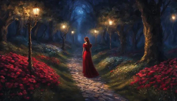 1 girl "Ana de frozen com vestido vermelho vinho", pintura: a view of a path with a path leading to a garden with trees and flowers, Jardim encantado, fantasy gorgeous lighting, paisagem natural noturna, enchanted magical fantasy forest, Wonderland at nigh...