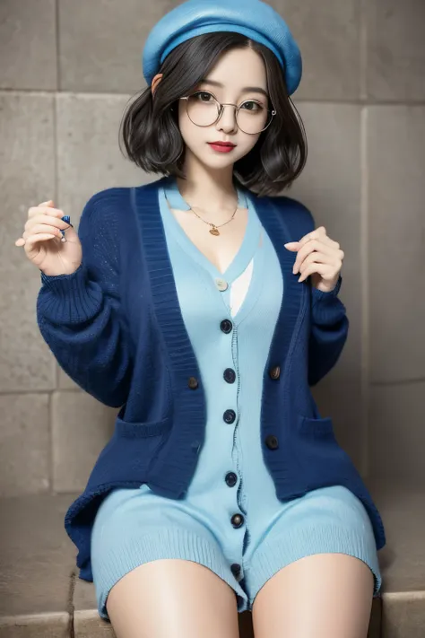 masterpiece、top-quality、girl1、ultra-detailliert　perm hair、short-hair、curl hair　blue beret　black glasses　blue cardigan、fluffy kni...