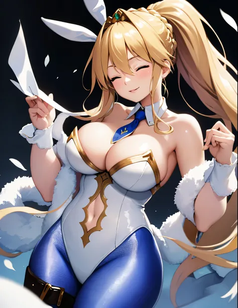 masterpiece, best quality, absurdres, soft lighting, looking at viewer, solo, light_smile, wink, one eye closed,
1girl, ahoge, rabbit ears, playboy bunny, artoria pendragon (swimsuit ruler) (fate), large breasts , blonde hair, green eyes, french braid,  po...