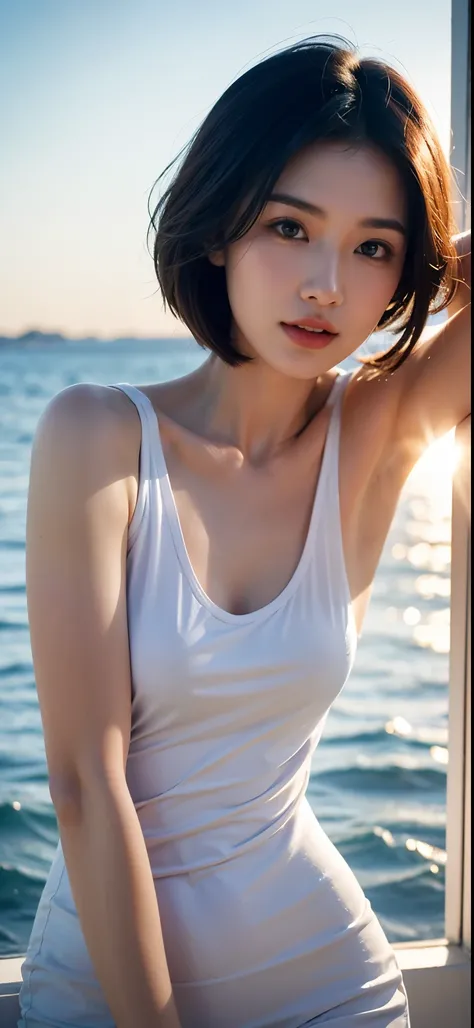 the most beautiful woman there ，Show off your figure，The most realistic，Pull your upper body closer，short detailed hair，Sunlight shines，sea beach