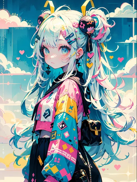 "kawaii, cute, adorable girl in pink, yellow, and baby blue color scheme. she wears sky-themed clothing with clouds and sky moti...