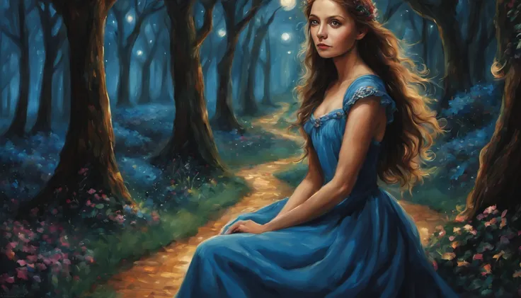 1 girl "Michelle Pfeifer com vestido Azul Celeste longo", pintura: Uma encantadora obra de arte representando uma garota vestindo seda, a view of a path with a path leading to a garden with trees and flowers, Jardim encantado, fantasy gorgeous lighting, pa...