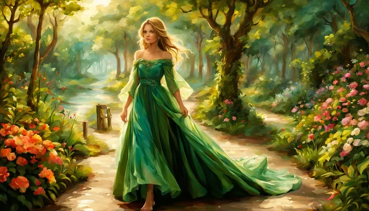 1 girl "Michelle Pfeifer com vestido Verde Esmeralda longo", pintura: Uma encantadora obra de arte representando uma garota vestindo seda, a view of a path with a path leading to a garden with trees and flowers, Jardim encantado, fantasy gorgeous lighting,...