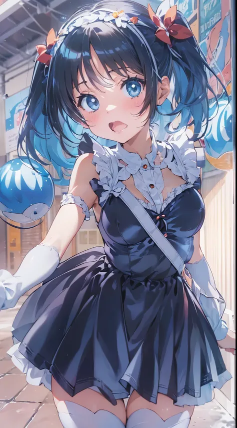 1womanl,Black hair,12year old ,((Impatient expression)),Beautiful breasts,(((Sexy magical girl white and blue shiny bodysuit)))(())(((Blushing cheeks、Surprised look)),(((Satin Narico))),((( portlate))),we have blue eyelashes)))()Street,Crowds(magical girl ...