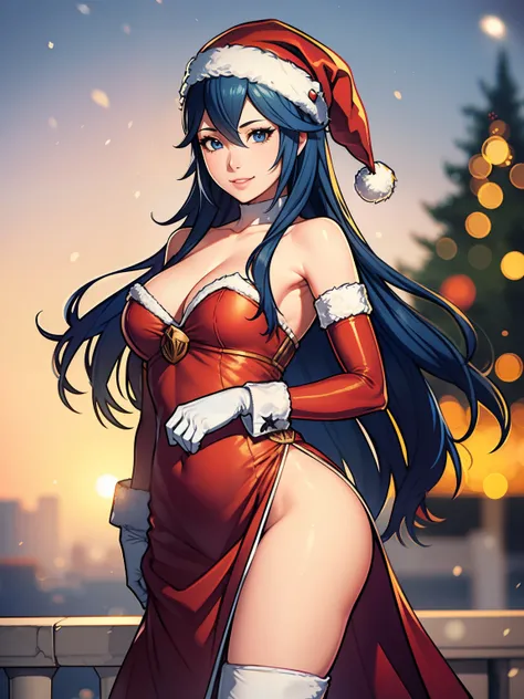 1girl, solo, masterpiece, best quality, high res, highly detailed, (illustration), beautiful detailed eyes,lucina fe,glossy lips, makeup, smile, long white satin elbow gloves, cowboy shot, (santa), red santa dress, santa hat, strapless dress, full body, wh...