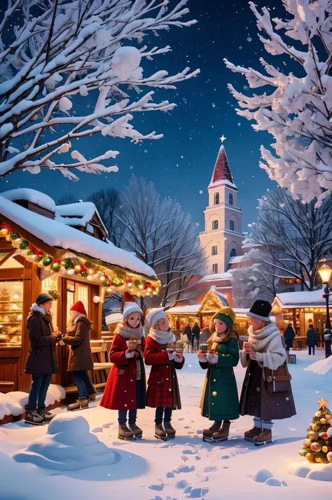 a busy small american town, with charming downtown architecture, immersed in a snowy christmas scene. the town is filled with jo...