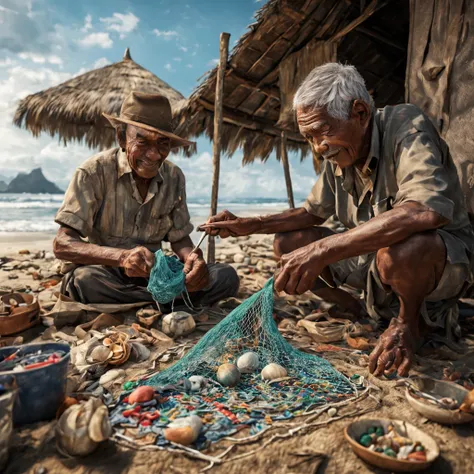 A cinematic surrealism picture of the bitter smile of an elderly Indonesian fisherman with detailed wrinkles on his face embroidering a sea fishing net patch at his simple hut near the shore, insanely detailed and intricate background tranquil beach scene ...