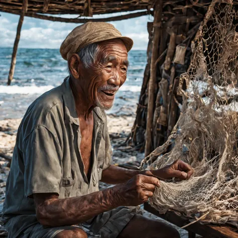 A cinematic surrealism picture of the bitter smile of an elderly Indonesian fisherman with detailed wrinkles on his face embroidering a sea fishing net patch at his simple hut near the shore, insanely detailed and intricate background tranquil beach scene ...