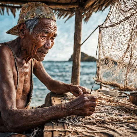 A cinematic surrealism picture of the bitter smile of an elderly Indonesian fisherman with detailed wrinkles on his face embroidering a sea fishing net patch at his simple hut near the shore, insanely detailed and intricate background tranquil beach scene ...