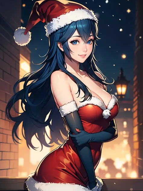 1girl, solo, masterpiece, best quality, high res, highly detailed, (illustration), beautiful detailed eyes,lucina fe,glossy lips, makeup, smile, long white satin elbow gloves, cowboy shot, (santa), red santa dress, santa hat, strapless dress, full body, wh...