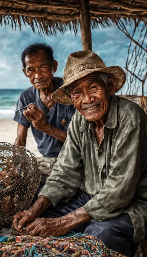 A cinematic surrealism picture of the bitter smile of an elderly Indonesian fisherman with detailed wrinkles on his face embroidering a sea fishing net patch at his simple hut near the shore, insanely detailed and intricate background tranquil beach scene ...