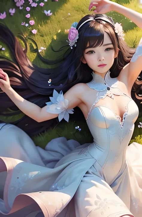 platinum tone、((​masterpiece)))、(((top-quality)))、((ultra-detailliert))、(highly detailed CGillustration）、flower fairy princess、gorgeous dress、Solo with beautiful petals dancing、Perfect Angle、perfect-composition、dynamicposes、perfectly beautiful face、Upper b...