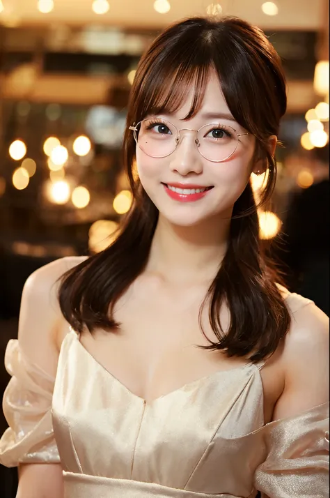 ulzzang -6500-v1.1, (Raw photo:1.2), (Photorealsitic), (See-through:1.3), (Real:1.4), １Girl in glasses、22year old、game_nffsw,  Round glasses(eye detailed), Smile of shame、(elegant long dress:1.3),  (Ultra-realistic pantyhose:1.2),  Turn around at the party...