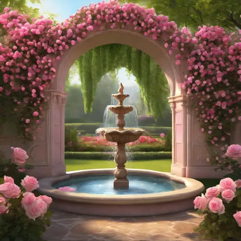 There is a garden，There are fountains and flowers, Portal made of pink roses, Romantic art style,landscape artwork, A beautiful artistic illustration, Fountains and arches, royal garden background, pink rose garden, , beautiful artist rendering,