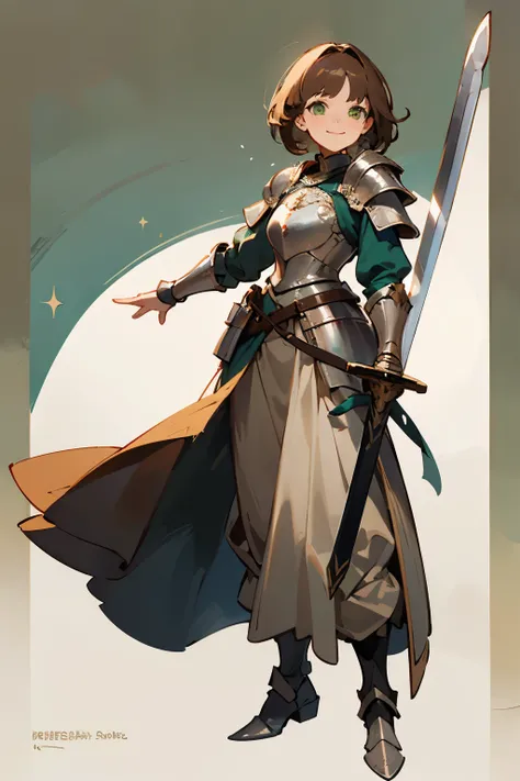 Female medieval knight armor , short brown hair , cute face ,smiling , green eyes , sword in right hand, full body view