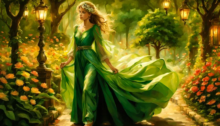 1 girl "Michelle Pfeifer com vestido Verde Esmeralda longo", pintura: Uma encantadora obra de arte representando uma garota vestindo seda, a view of a path with a path leading to a garden with trees and flowers, Jardim encantado, fantasy gorgeous lighting,...