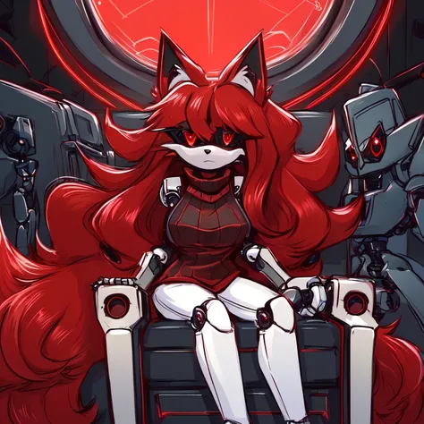 Female, Mobian, Fox, (((2D Anime Style))), (solo), (1girl), high quality digital art, red and black neon lines sketch art, black cloudy background, a dark crimson furred female anthropomorphic Fox, has glowing red eyes, (((dark crimson fur))), (((VERY long...