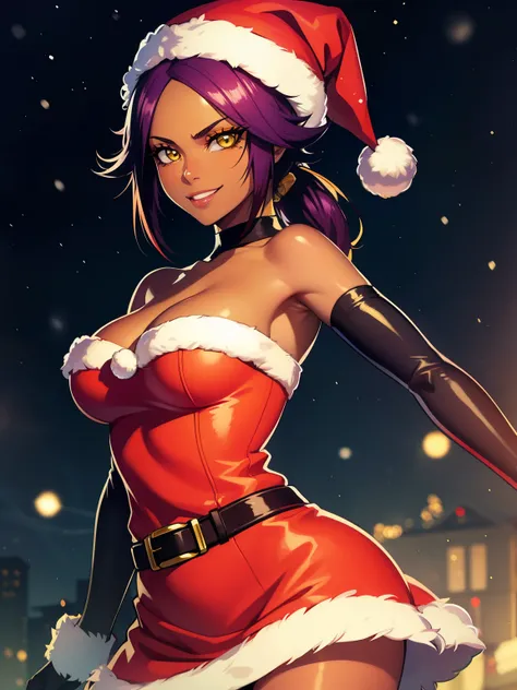 1girl, solo, masterpiece, best quality, high res, highly detailed, (illustration), beautiful detailed eyes,yoruichi shihouin, long hair, (yellow eyes:1.5), ponytail, purple hair, dark skin, dark-skinned female,,glossy lips, makeup, smile, long white satin ...