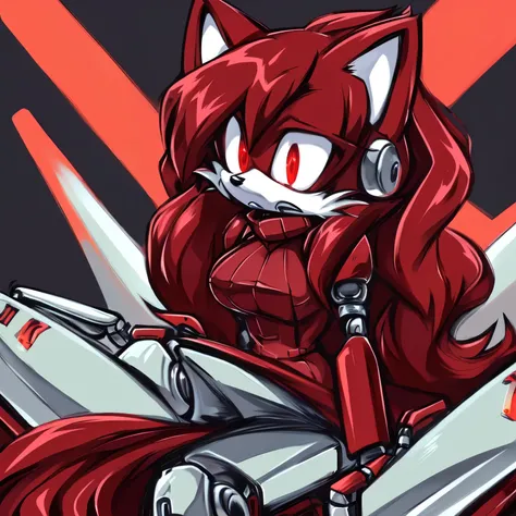 Female, Mobian, Fox, (((2D Anime Style))), (solo), (1girl), high quality digital art, red and black neon lines sketch art, black cloudy background, a dark crimson furred female anthropomorphic Fox, has glowing red eyes, (((dark crimson fur))), (((VERY long...