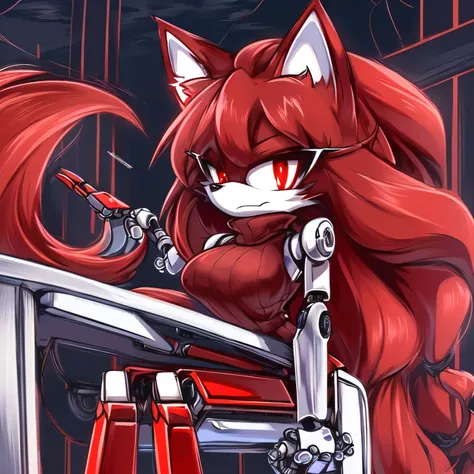 Female, Mobian, Fox, (((2D Anime Style))), (solo), (1girl), high quality digital art, red and black neon lines sketch art, black cloudy background, a dark crimson furred female anthropomorphic Fox, has glowing red eyes, (((dark crimson fur))), (((VERY long...