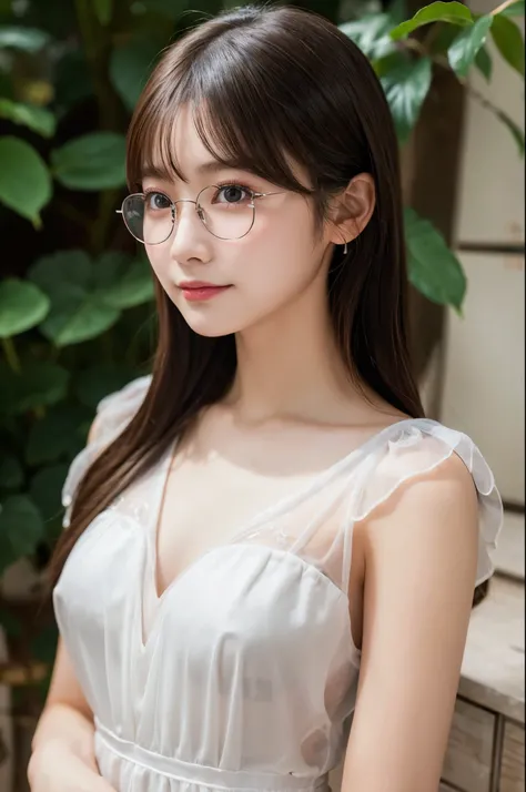 ulzzang -6500-v1.1, (Raw photo:1.2), (Photorealsitic), (See-through:1.3), (Real:1.4), １Girl in glasses、22year old、game_nffsw,  Round glasses(eye detailed), Smile of shame、(elegant long dress:1.3),  (Ultra-realistic pantyhose:1.2),  Turn around at the party...