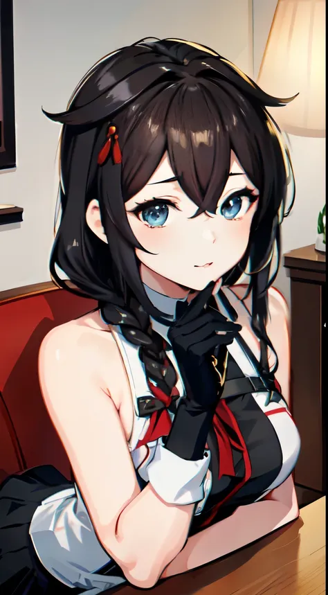 shigure kai 3 kancolle sleeveless black thimble gloves black skirt braid 8k high resolution very fine eyes very fine face、insane...