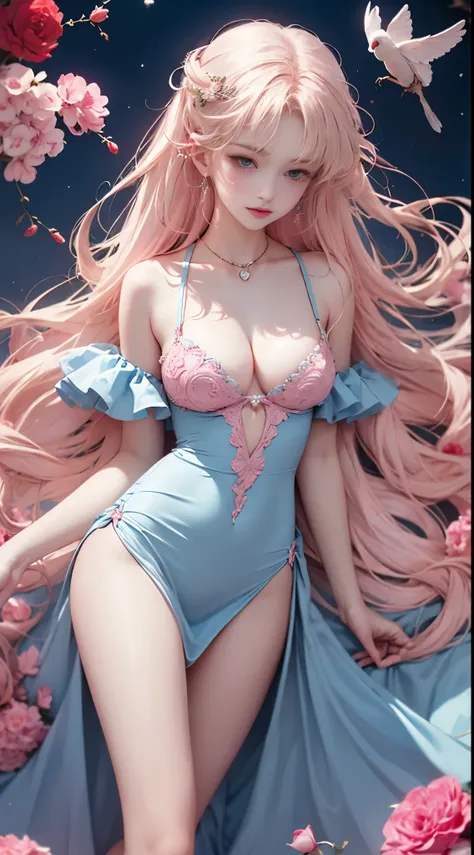 Light blue and red color scheme，pink nipple，little body，Petite，White curly hair, high detail, best quality, supper detail, pink pussy  ,  dark background, 5/6 body, hair over nipple, open legs, sleeping dress