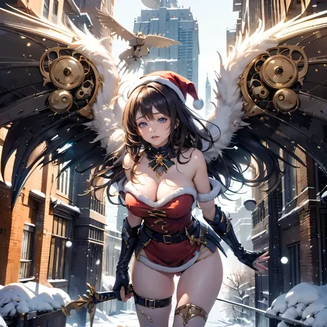 (((battle on Christmas day))), detailed face, super low angle, (((mechanical, complex body, she is a huge gods weapon, having frame sword))), drooping eyes, sleepy face, open legs, small breasts, (thin thighs), ((halo)), (flying above the city), crotch hit...