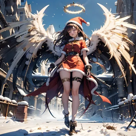 (((battle on Christmas day))), detailed face, super low angle, (((mechanical, complex body, she is a huge gods weapon, having frame sword))), drooping eyes, sleepy face, open legs, small breasts, (thin thighs), ((halo)), (flying above the city), crotch hit...