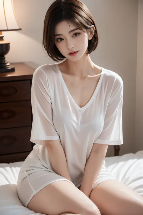 Modern room with night view、quiet time at night、Beautiful woman resting in a sophisticated white room、Look down, Close your eyes and smile、slightly open lips、short-haired、Beautiful Japanese actress nightwear、(realisitic、フォトrealisitic)、Beautiful Japan actre...