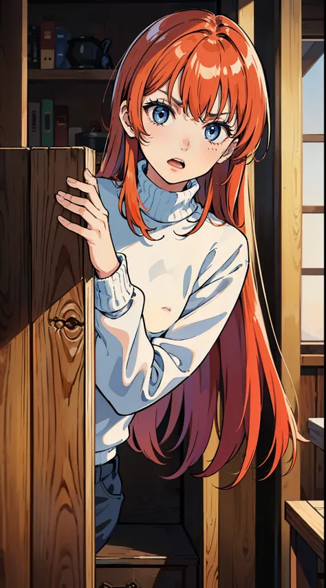 (1boy,teen,18 years old), orange hair, blue eyes,(((white sweater,turtleneck))),(((inside of a wood house,serious,open mouth,peeking out upper body,)))