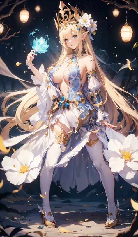 closeup cleavage, The world of elf forest, Elf noble sister, Blonde hair with long straight hair, Wearing aristocratic flower hat, White-colored skin, long elf ears, head chain, humanoid creature, camel top, Her skin is white and rosy, brown skin tone, 黑Th...