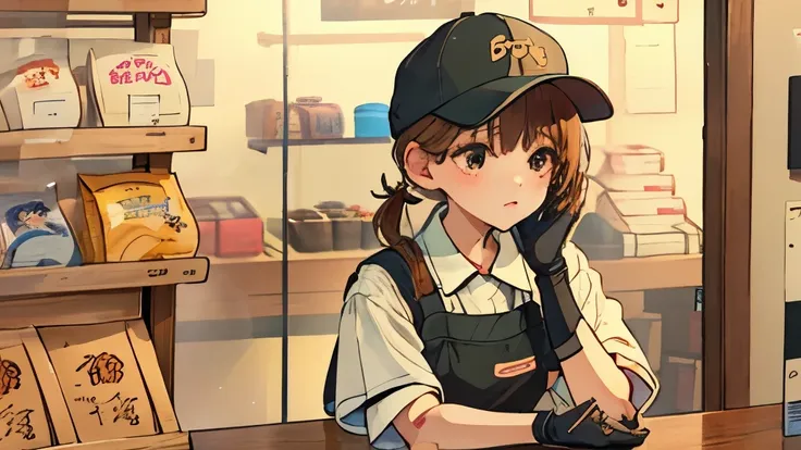 (​masterpiece、top-quality:1.2), 独奏, 1girl in, piper, Expressionless look at the viewer, (hands on own cheeks:1.2), Brown hair, poneyTail, white t-shirts, denim, Puffy Short Sleeves, Fingerless gloves, (Brown hair, Short hair, Bangs, Black Baseball Cap), pe...