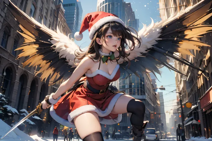 (((battle on Christmas day))), detailed face, super low angle, (((mechanical, complex body, she attacks against the huge gods weapon, having frame sword))), drooping eyes, sleepy face, open legs, small breasts, (thin thighs), ((halo)), (flying above the ci...