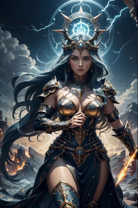 "Mighty Goddess of Strength and power, Lady of Thunder transcending the Norse, germanic, e mitologias gregas, revele-nos sua majestade! Describe in detail the stunning appearance of this deity who personifies formidable strength, power incomparável, e temp...