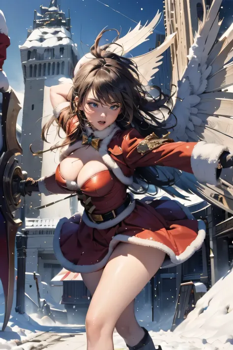 (((battle on Christmas day))), detailed face, super low angle, (((mechanical, complex body, she attacks using a giant axe against the huge gods weapon))), drooping eyes, sleepy face, open legs, small breasts, (thin thighs), ((halo)), (flying above the city...