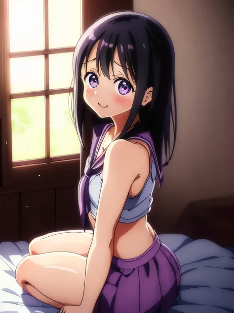 anime girl in a purple bra top sitting on a bed, an anime drawing by Jin Homura, pixiv, shin hanga, seductive anime girl, attractive anime girl, smooth anime cg art, anime best girl, cute anime girl, anime moe artstyle, anime visual of a cute girl, oppai, ...