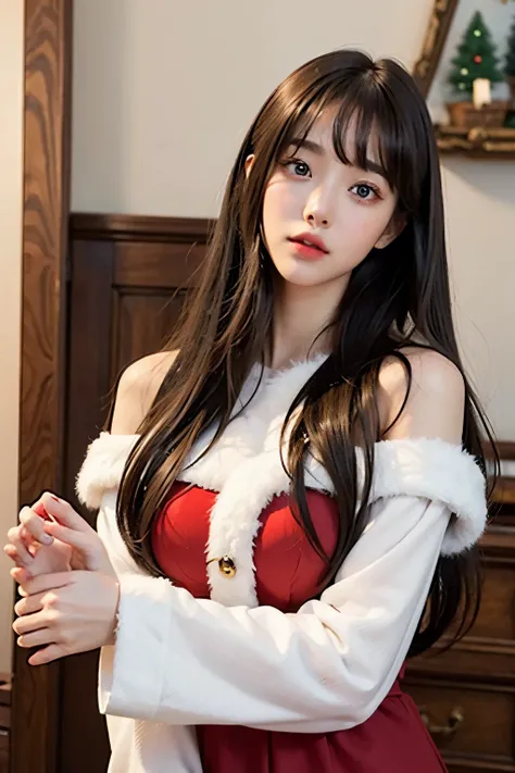 Beautiful woman in Santa Claus costume。Beautiful double eyes。Passed nasal muscle。well-shaped lips。Masterpiece。pale brown hair。Bangs are down。The location is inside the room。