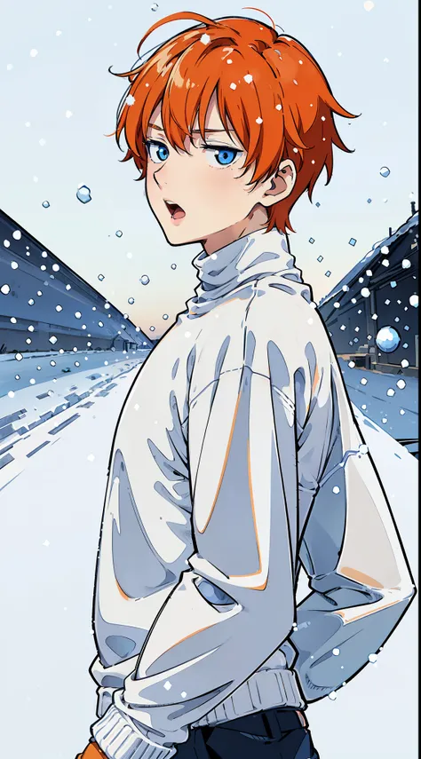 (1boy,teen,18 years old), orange hair, blue eye,(((white sweater,turtleneck))),(((,snowing,open mouth,scornful eye,from side)))